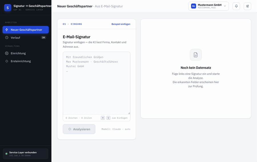 Leadwerk in Aktion: E-Mail-Signatur einfügen, Felder werden erkannt und geprüft, mit einem Klick als Geschäftspartner in SAP angelegt.
