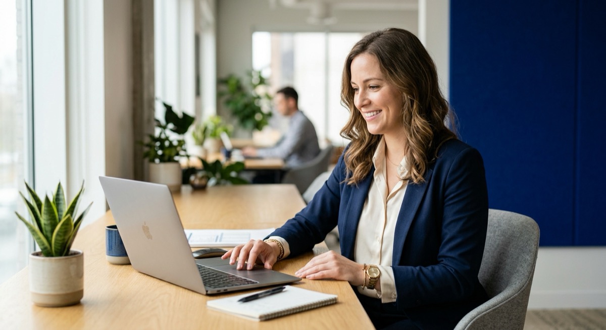 Zufriedene Mitarbeiterin legt im Büro mit Captavera einen Geschäftspartner in SAP Business One an